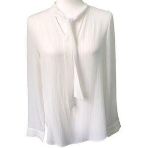 Adrianna Papell Sheer White Tie Neck Blouse Long Sleeve Size Small Fits Medium
